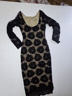 Source Unknown Black Lace Floral Long Sleeve Bodycon Dress with Nude Lining